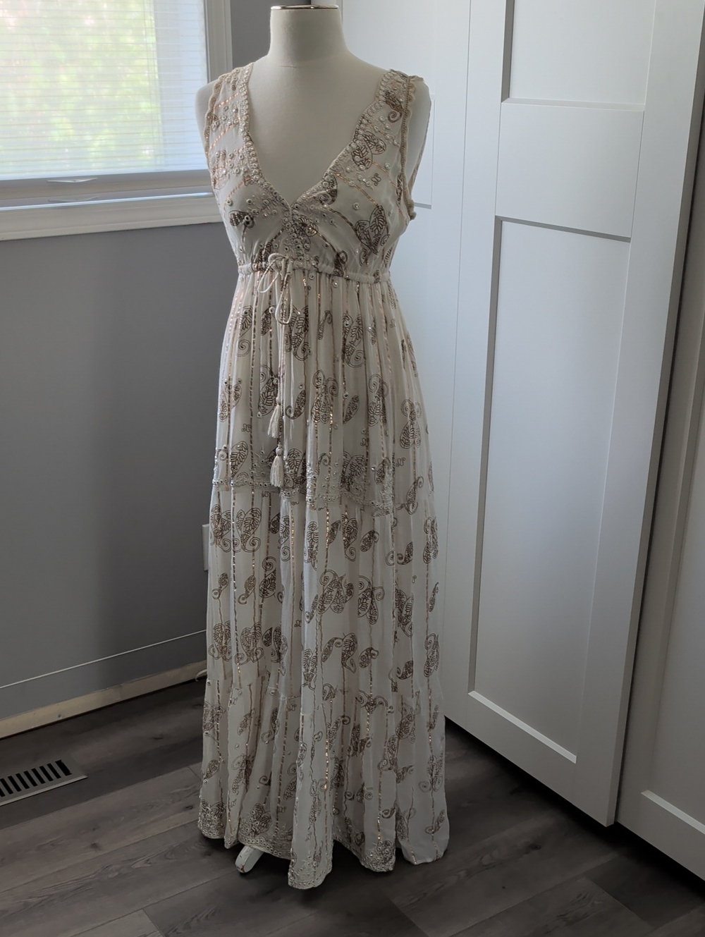Embellished Cream Maxi Dress with Tassel Waist